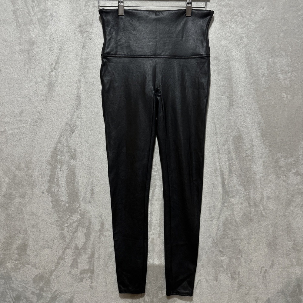 SPANX Faux Leather Leggings Black‎ Size XL Mid Rise Shaping Control Sexy
